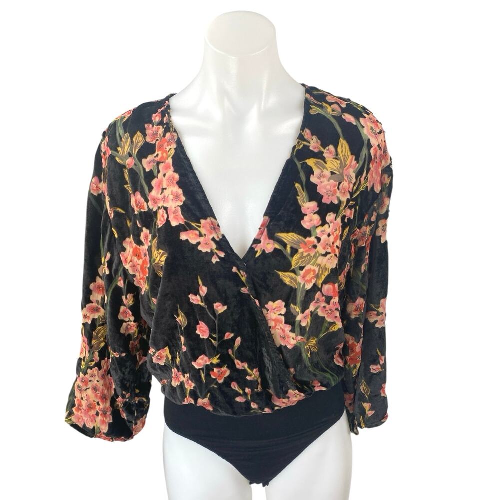 Honey Belle Multicolor Velvet Velour Floral Faux Wrap Long Sleeve Blouse Top M